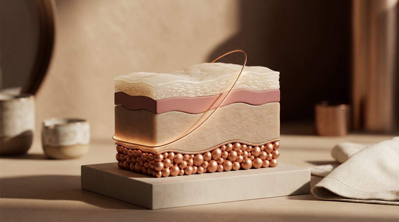 Modelo escultórico das camadas da pele em corte: epiderme, derme e subcutâneo, em tons de creme e cobre