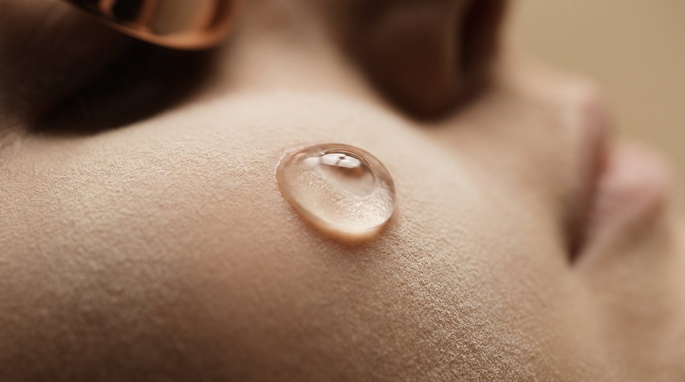 Gota de gel transparente de ultrassom sobre a pele da bochecha, com reflexo cobre
